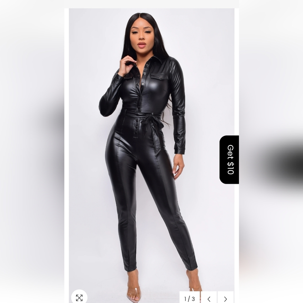 Stylish Black Women's Faux Leather Jumpsuit